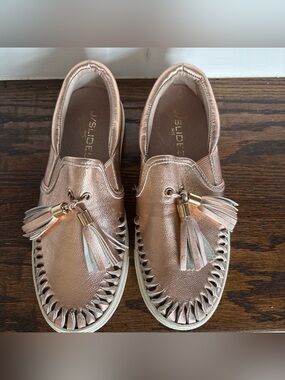 J/Slides Rose Gold Aztec Tassel Slip On Sneakers Comfort Shoes size 5.5M